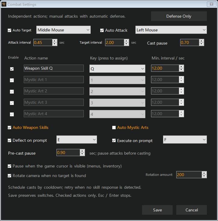 Combat controls — Actual client interface