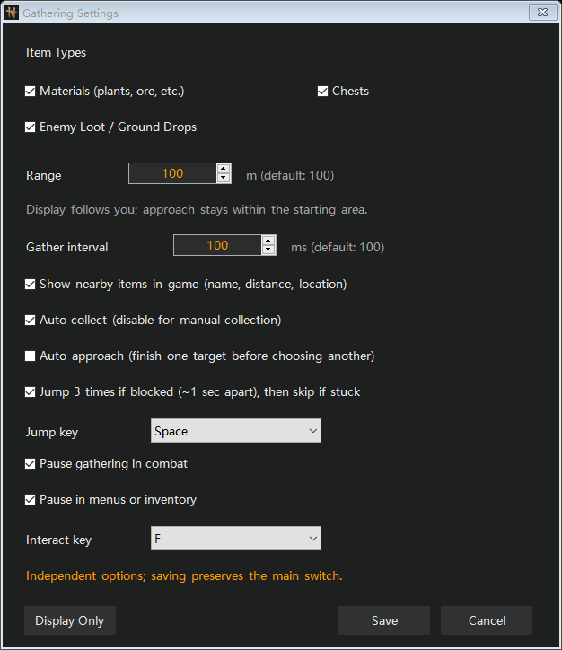 Gathering & item display — Actual client interface